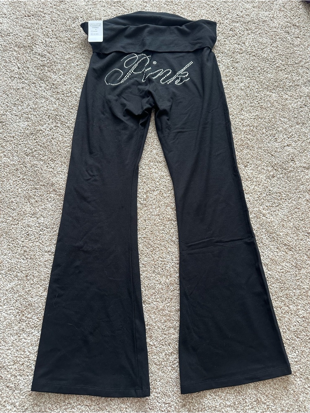 PINK Victoria's Secret Black Rhinestone Logo Fold-Over Waist Lounge Pants